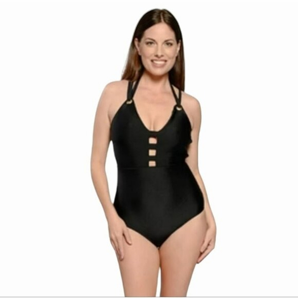 NWT YBL Your Best Look Women's Black One Piece Swimsuit Strappy Halter Size 16
